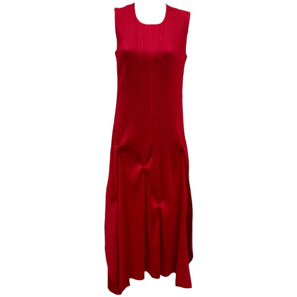 Vanite Couture Micro Pleated Midi Evening Dress In Red